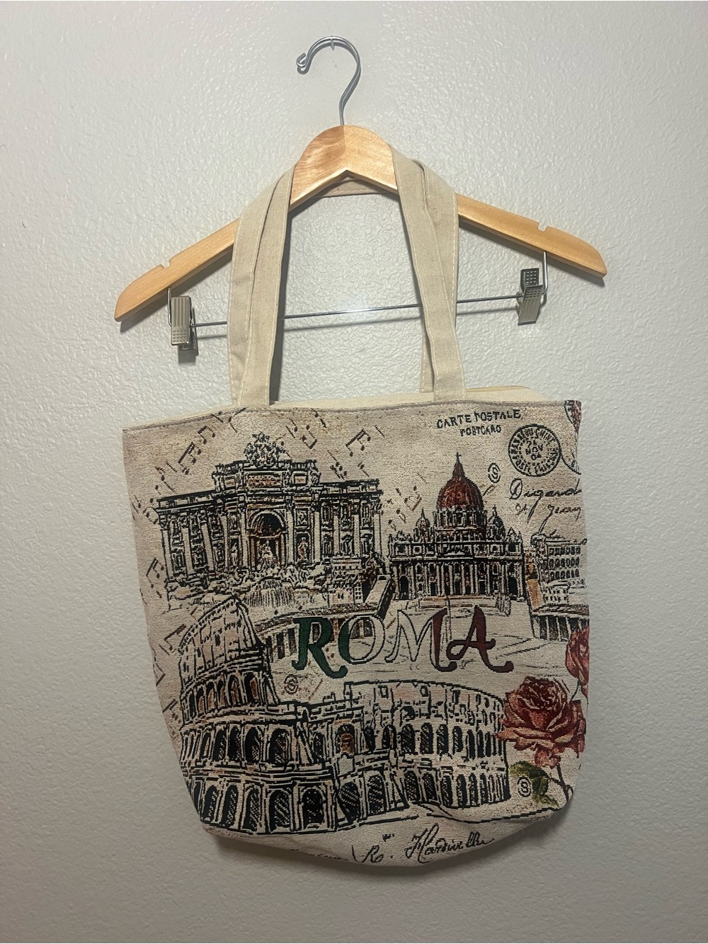 Roma Canvas Tote Bag with Architectural Print - Neutral